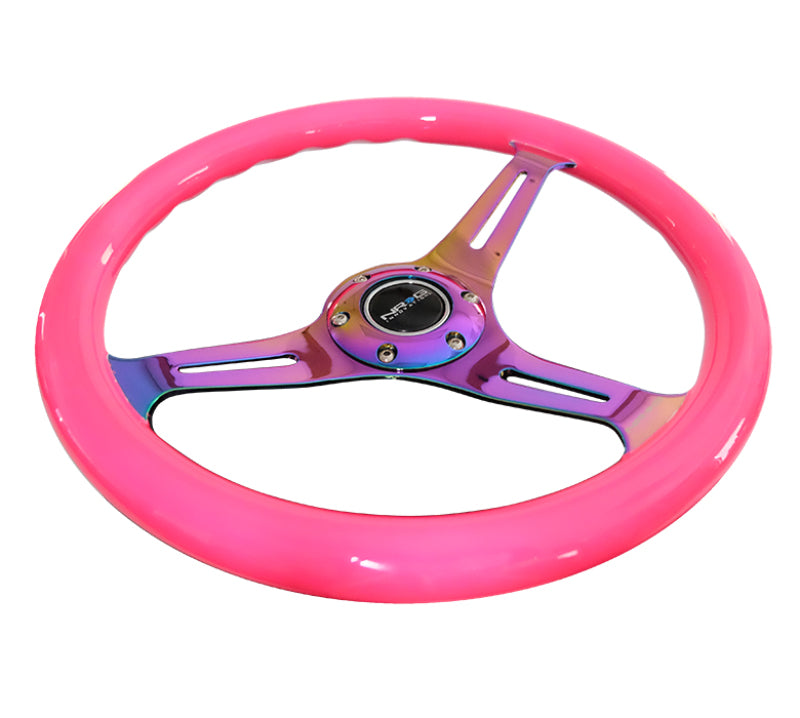 NRG Classic Wood Grain Steering Wheel (350mm) Neon Pink Painted Grip w/ Neochrome 3-Spoke Center (ST-015MC-NPK) - photo 4