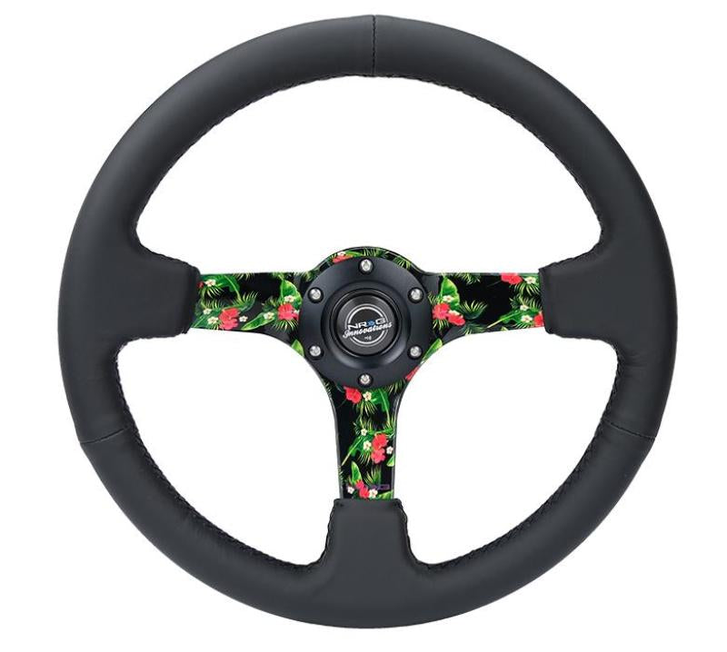 NRG Reinforced Steering Wheel (350mm/ 3in. Deep) Matte Black Spoke/Black Leather/ Yellow Center (RST-036TROP-R)