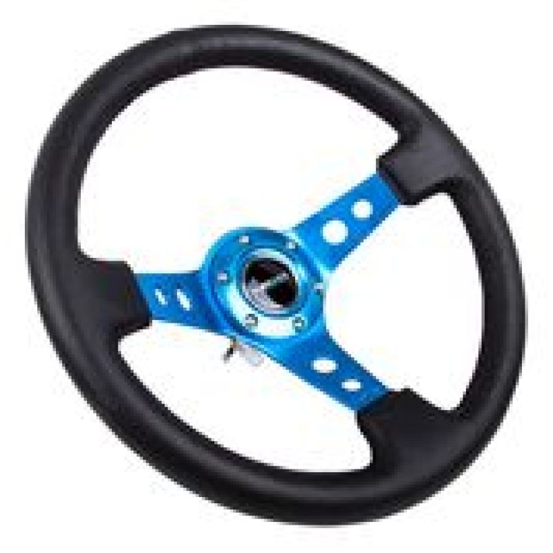 NRG Reinforced Steering Wheel (350mm / 3in. Deep) Black Leather w/ Blue Circle Cutout Spokes (RST-006BL)