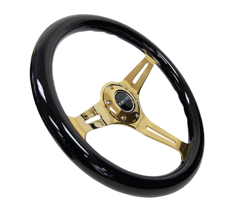 NRG Classic Wood Grain Steering Wheel (350mm) Black Grip w/ Chrome Gold 3-Spoke Center (ST-015CG-BK) - photo 2