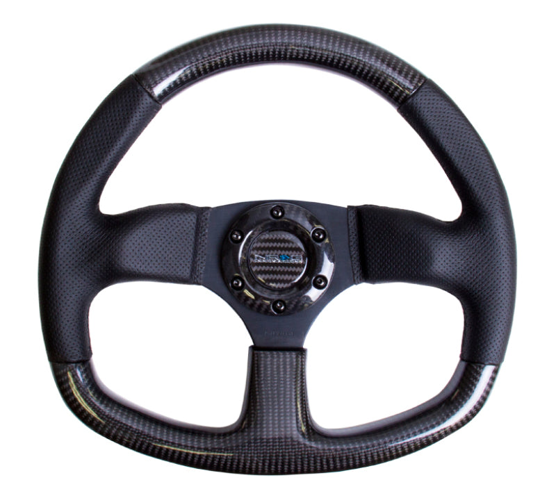 NRG Carbon Fiber Steering Wheel (320mm) Flat Bottom & Leather Trim w/ Black Stitching (ST-009CFBS)