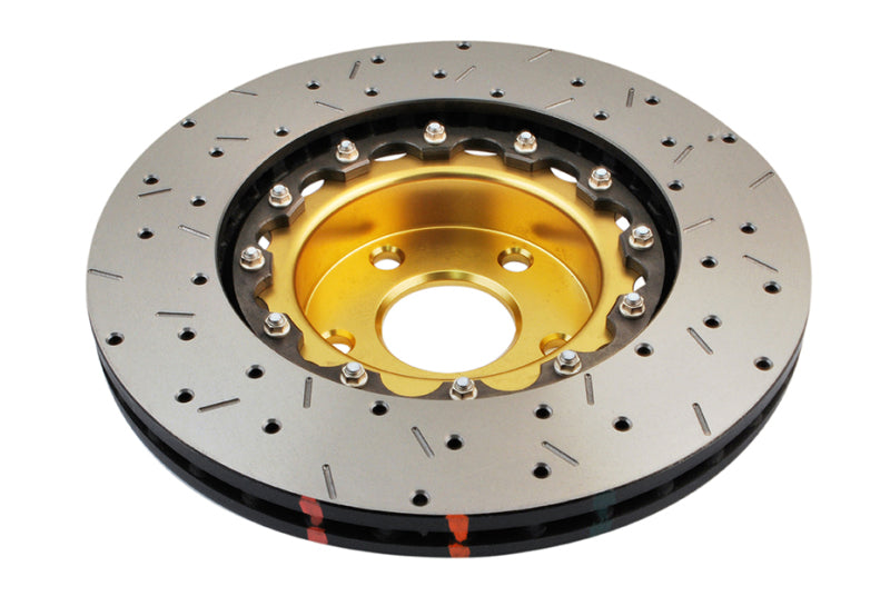 DBA Scion FR-S / Subaru BRZ (2013-2021) / Impreza WRX STI (GD) / WRX/STI (GR/GV) 5000 Series XS Drilled & Slotted 2-Piece Front Brake Rotor, Gold Hat (DBA5010GLDXS)