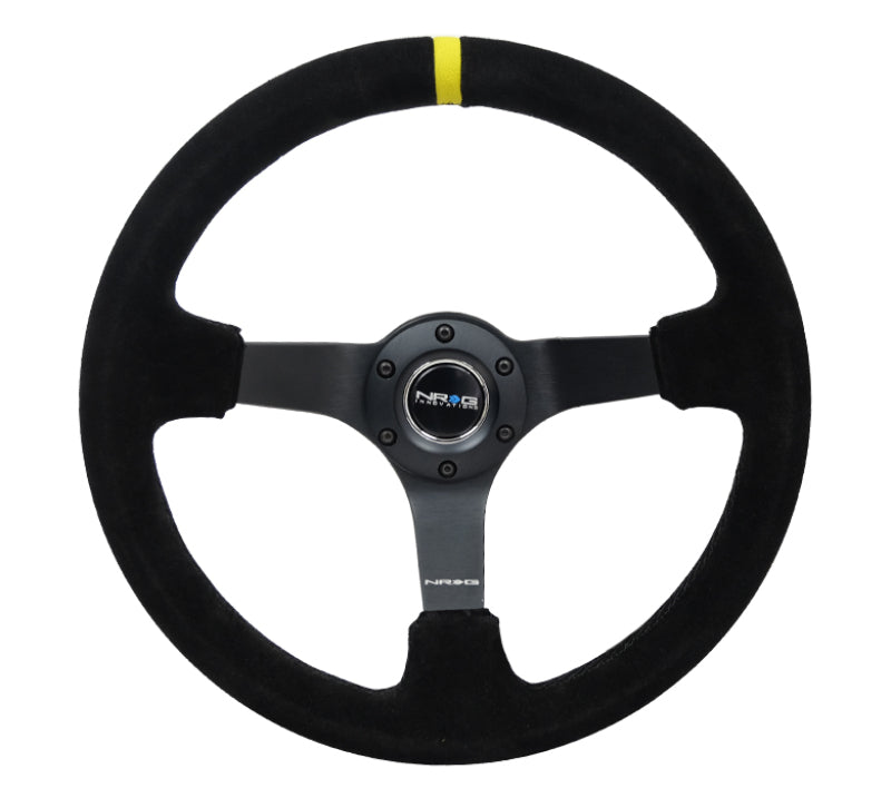 NRG Reinforced Steering Wheel (350mm / 3in. Deep) Black Suede/X-Stitch w/ 5mm Black Spoke & Yellow CM (RST-036MB-S-Y)