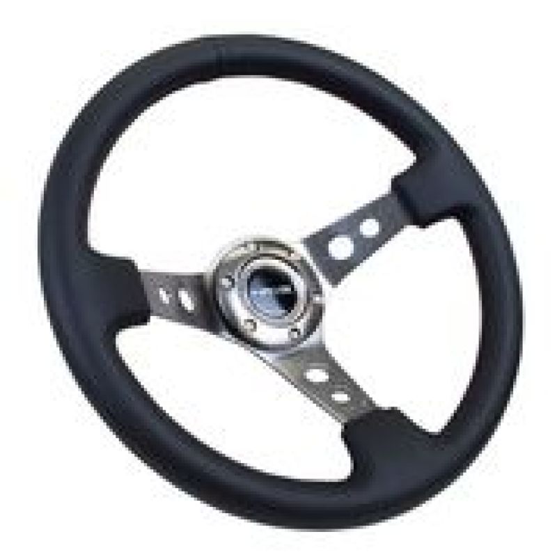 NRG Reinforced Steering Wheel (350mm / 3in. Deep) Black Leather w/ Gunmetal Circle Cutout Spokes (RST-006GM) - photo 2