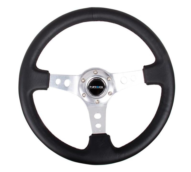 NRG Reinforced Steering Wheel (350mm / 3in. Deep) Black Leather w/ Silver Spoke & Circle Cutouts (RST-006SL)