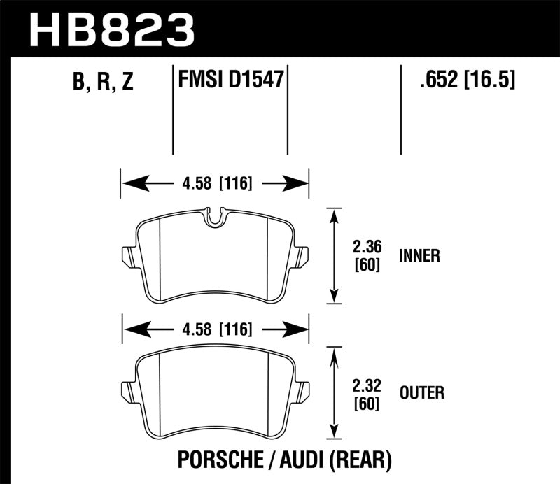 Hawk Performance Ceramic Rear Brake Pads - 13-17 Audi S6/S7/S8 / 12-17 Audi A6 Quattro/A7 Quattro (HB823Z.652) (pad drawing)