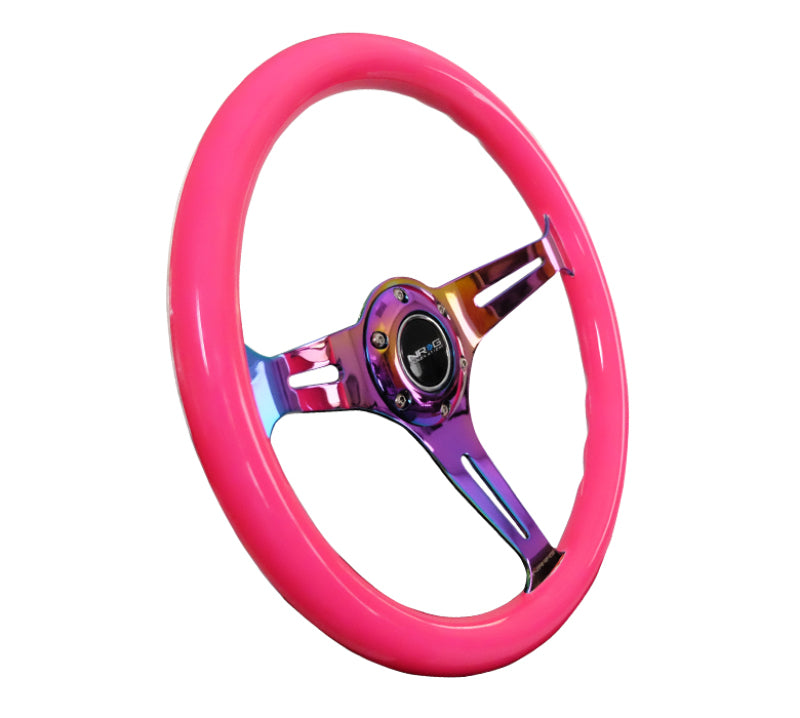 NRG Classic Wood Grain Steering Wheel (350mm) Neon Pink Painted Grip w/ Neochrome 3-Spoke Center (ST-015MC-NPK) - photo 3