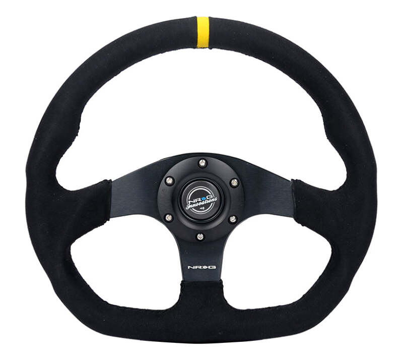 NRG Reinforced Steering Wheel (320mm) Sport Alcantara Flat Bottom w/ Yellow Center Mark (RST-024MB-SA-Y)