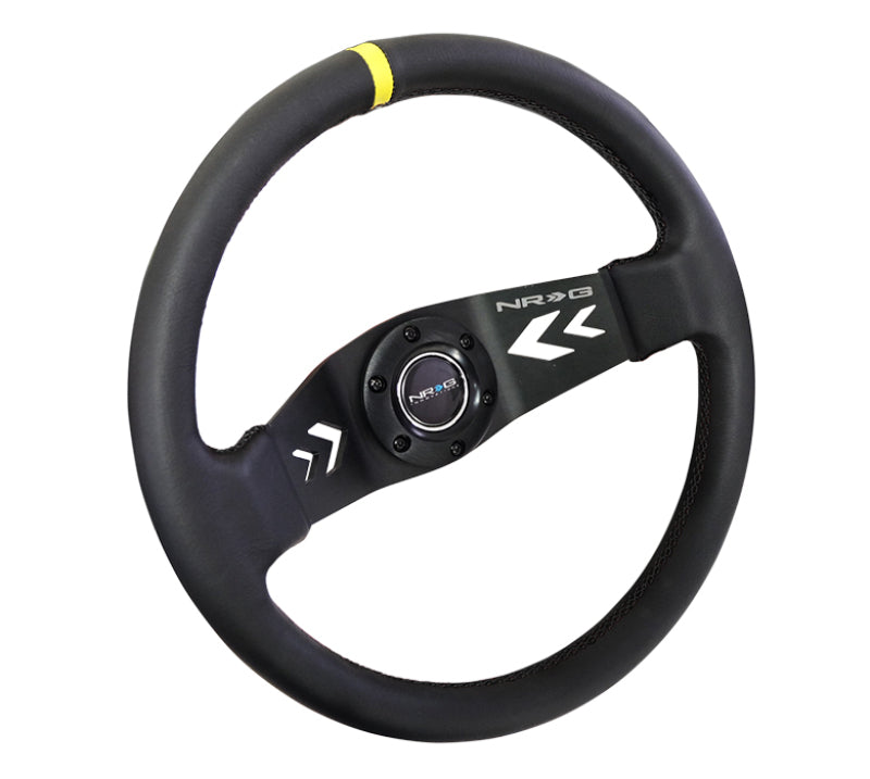 NRG Reinforced Steering Wheel (350mm / 3in Deep) Black Leather w/ NRG Arrow-Cut 2-Spoke & Sgl Yellow CM (RST-022R-Y)