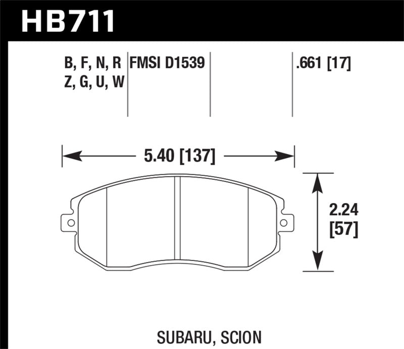 Hawk Performance Ceramic Front Brake Pads - 13 Subaru BRZ / 13 Scion FR-S (HB711Z.661) (pad drawing)