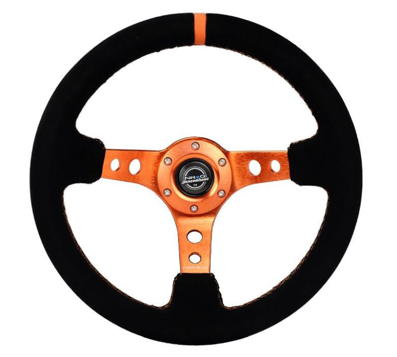 NRG Reinforced Steering Wheel (350mm/ 3in. Deep) Black Suede/ Orange Center Mark/ Orange Stitching (RST-006S-OR)
