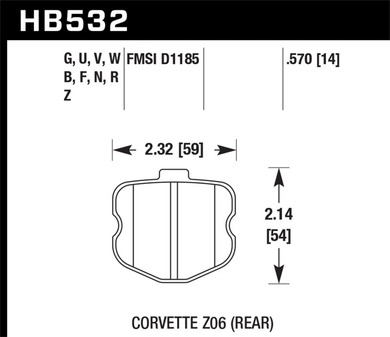 Hawk HPS Rear Brake Pads - 06-10 Chevrolet Corvette (OEM Pad Design) (HB532F.570) (pad drawing)
