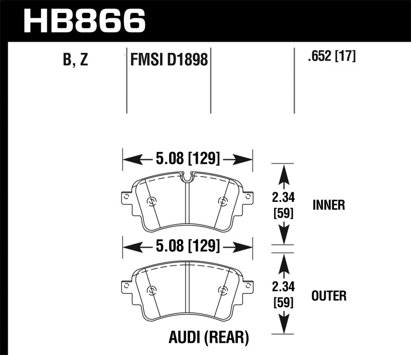 Hawk HPS 5.0 Rear Brake Pads - 18-19 Audi S5 (HB866B.652) (pad drawing)