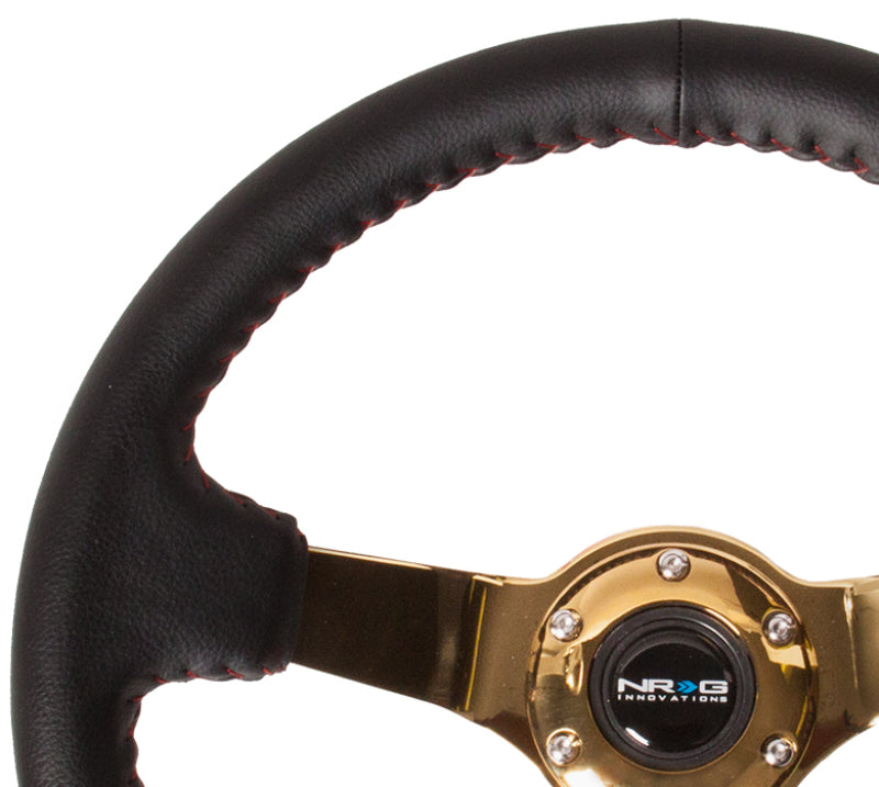NRG Reinforced Steering Wheel (350mm / 3in. Deep) Black Leather/Red BBall Stitch w/ 4mm Gold Spokes (RST-036GD) - photo 2