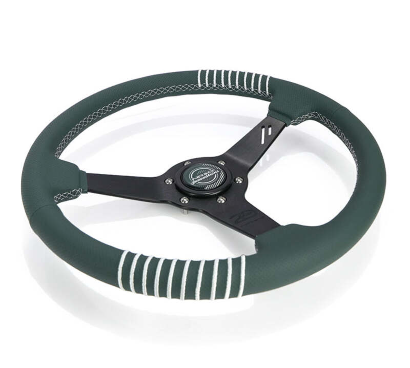 NRG Steering Wheel 1.5in Dish 350mm Black Perforated Leather - Emerald Stitching - Reinforced Spoke (RST-037MB-B-20) - photo 7