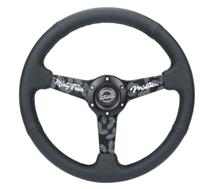 NRG Reinforced Black Perforated Leather Steering Wheel 350mm / 1.5in Deep w/ Goal Digger Black Stitch (RST-037MB-BGD-R)