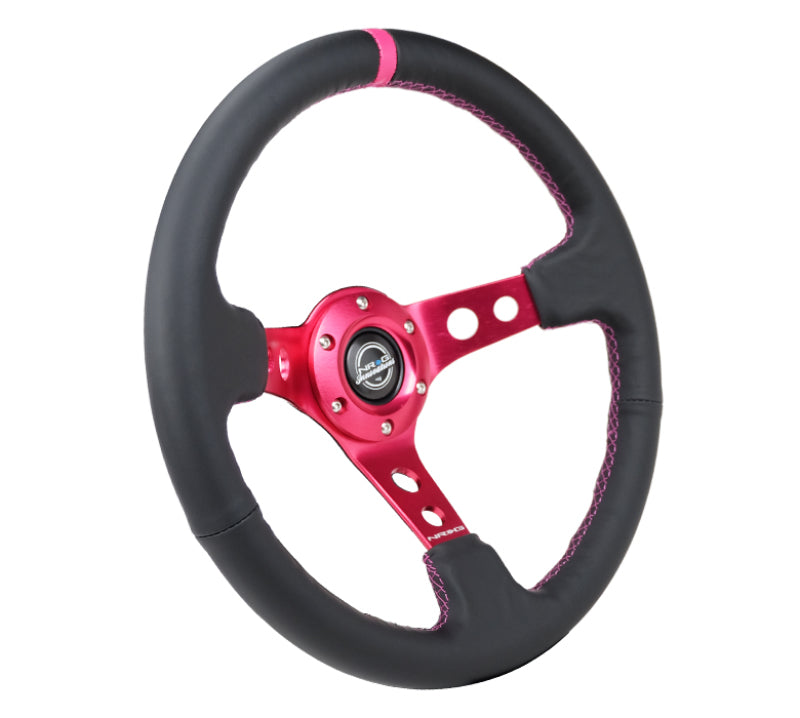 NRG Reinforced Steering Wheel (350mm/3in. Deep) Black Leather/ Fuchsia Center Mark/ Fuchsia Stitching (RST-006FH) - photo 2