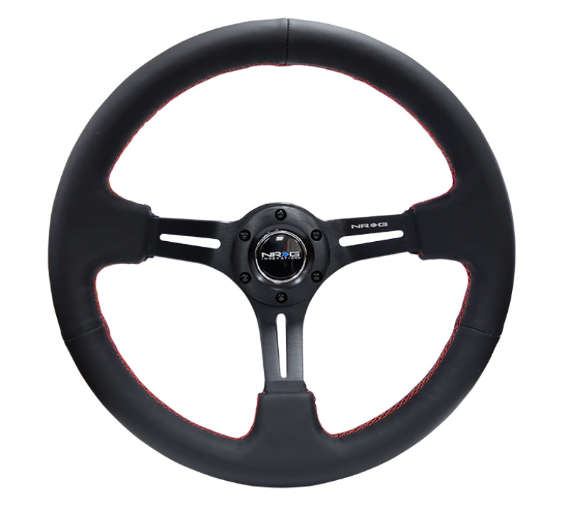 NRG Reinforced Steering Wheel (350mm / 3in. Deep) Black Leather/Red Stitch & Black 3-Spoke w/ Slits (RST-018R-RS)
