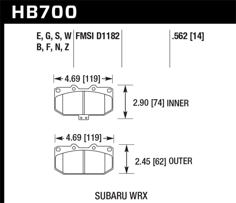 Hawk HPS 5.0 Front Brake Pads - 06-07 Subaru WRX (HB700B.562) (pad drawing)