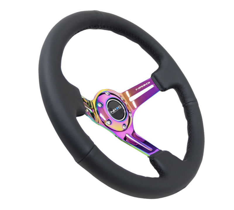 NRG Reinforced Steering Wheel (350mm / 3in. Deep) Black Leather/Black Stitch w/ Neochrome Slits (RST-018R-MCBS) - photo 2