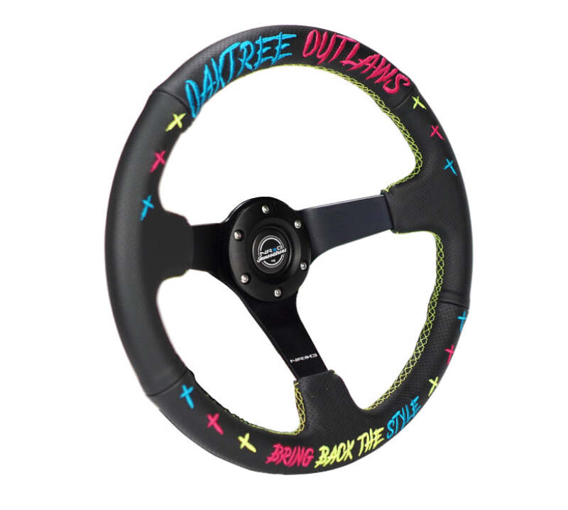 NRG Reinforced Steering Wheel - Oak Tree Outlaws 3in Deep/5mm Black Spoke 350mm Wheel - Black Perf Lthr (RST-036MB-OTOL-TRI) - photo 2