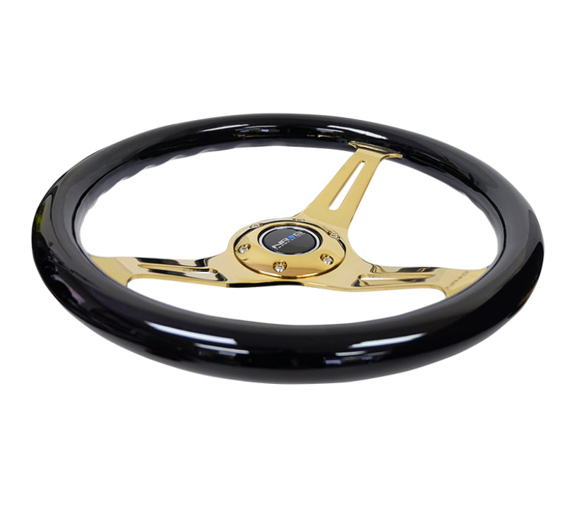 NRG Classic Wood Grain Steering Wheel (350mm) Black Grip w/ Chrome Gold 3-Spoke Center (ST-015CG-BK) - photo 3