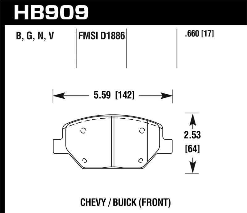 Hawk HPS 5.0 Front Brake Pads - 16-18 Chevrolet Camaro (HB909B.660) (pad drawing)
