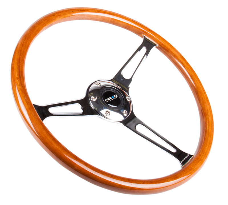 NRG Reinforced Steering Wheel (360mm) Classic Wood Grain w/ Chrome Cutout 3-Spoke Center (RST-360SL) - photo 2