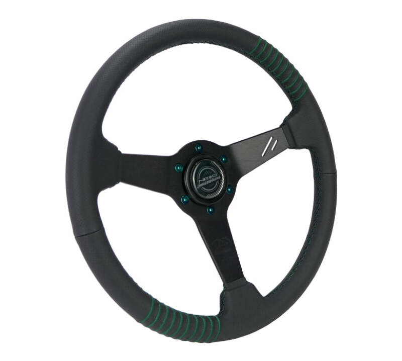 NRG Steering Wheel 1.5in Dish 350mm Black Perforated Leather - Emerald Stitching - Reinforced Spoke (RST-037MB-B-20) - photo 2
