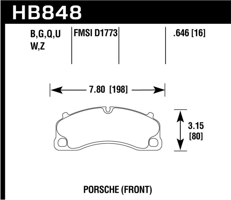 Hawk Performance Ceramic Front Brake Pads - 14-19 Porsche 911 GT3 / GT3 RS / 2016 Porsche Cayman GT4 (HB848Z.646) (pad drawing)