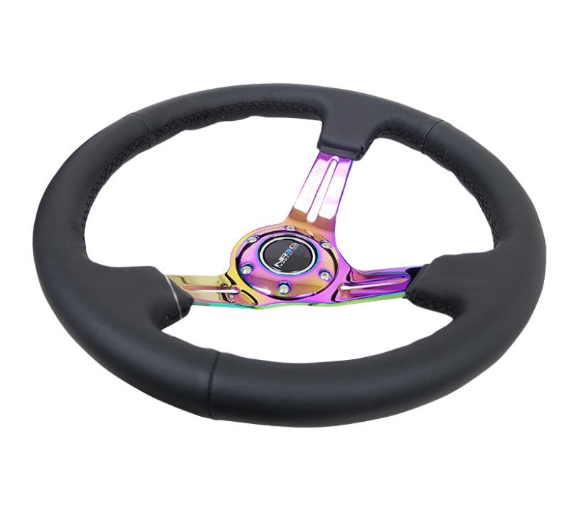 NRG Reinforced Steering Wheel (350mm / 3in. Deep) Black Leather/Black Stitch w/ Neochrome Slits (RST-018R-MCBS) - photo 3