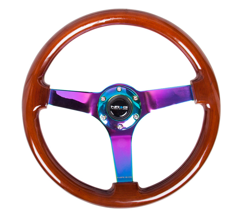 NRG Reinforced Steering Wheel (350mm / 3in. Deep) Classic Dark Wood w/ 4mm Neochrome Solid 3-Spoke (RST-036BR-MC)