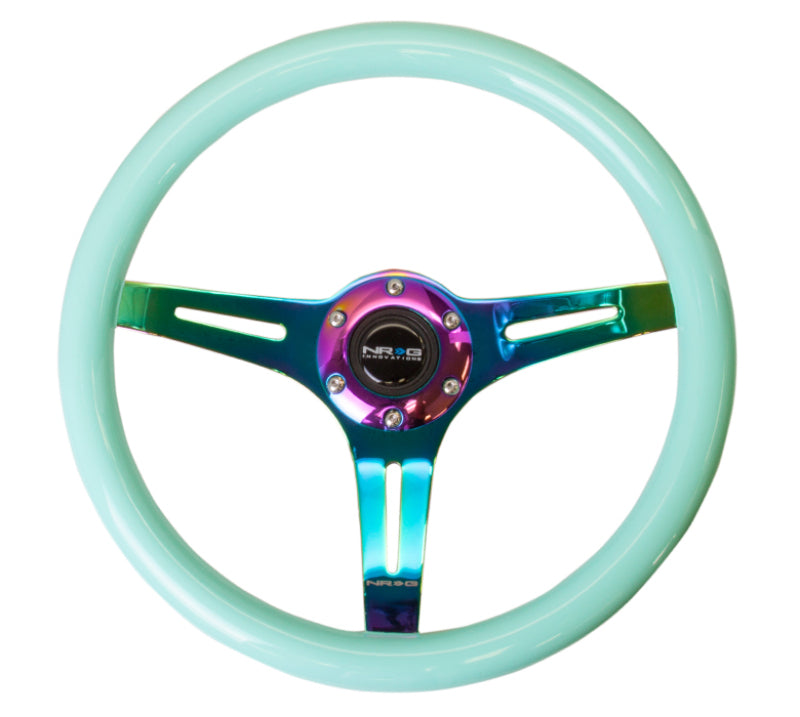 NRG Classic Wood Grain Steering Wheel (350mm) Minty Fresh Color w/ Neochrome 3-Spoke Center (ST-015MC-MF)
