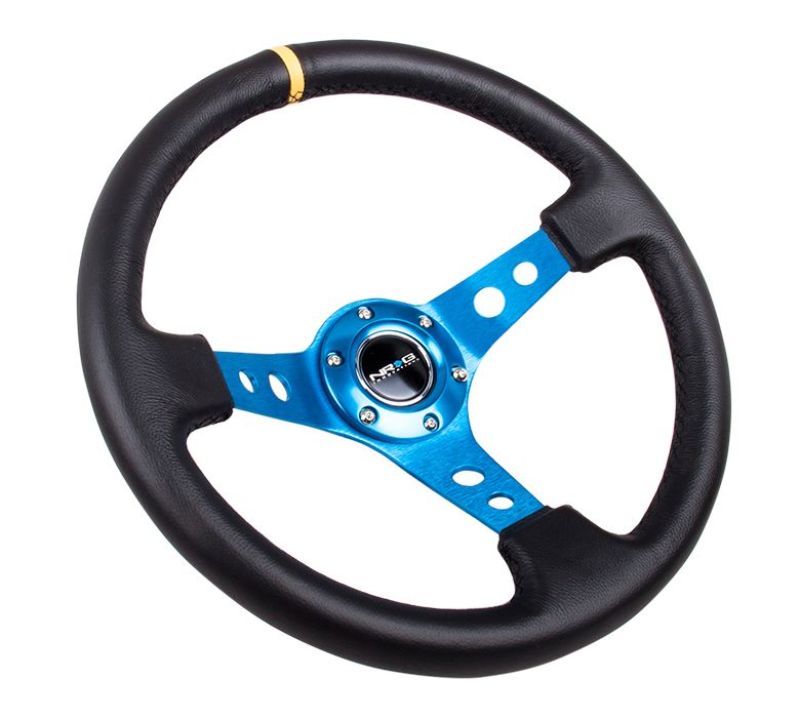 NRG Reinforced Steering Wheel (350mm / 3in. Deep) Black Leather w/ Blue Circle Cutout Spokes (RST-006BL) - photo 3