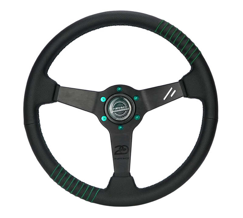 NRG Steering Wheel 1.5in Dish 350mm Black Perforated Leather - Emerald Stitching - Reinforced Spoke (RST-037MB-B-20)