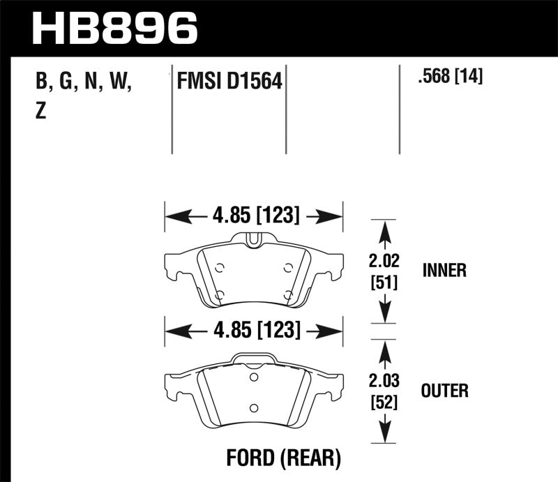 Hawk Performance Ceramic Rear Brake Pads - 16-18 Ford Focus RS (HB896Z.568) (pad drawing)
