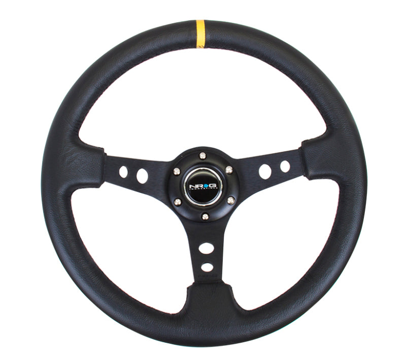 NRG Reinforced Steering Wheel (350mm / 3in. Deep) Black Leather w/ Black Cutout Spoke/Yellow Center Mark (RST-006BK-Y)