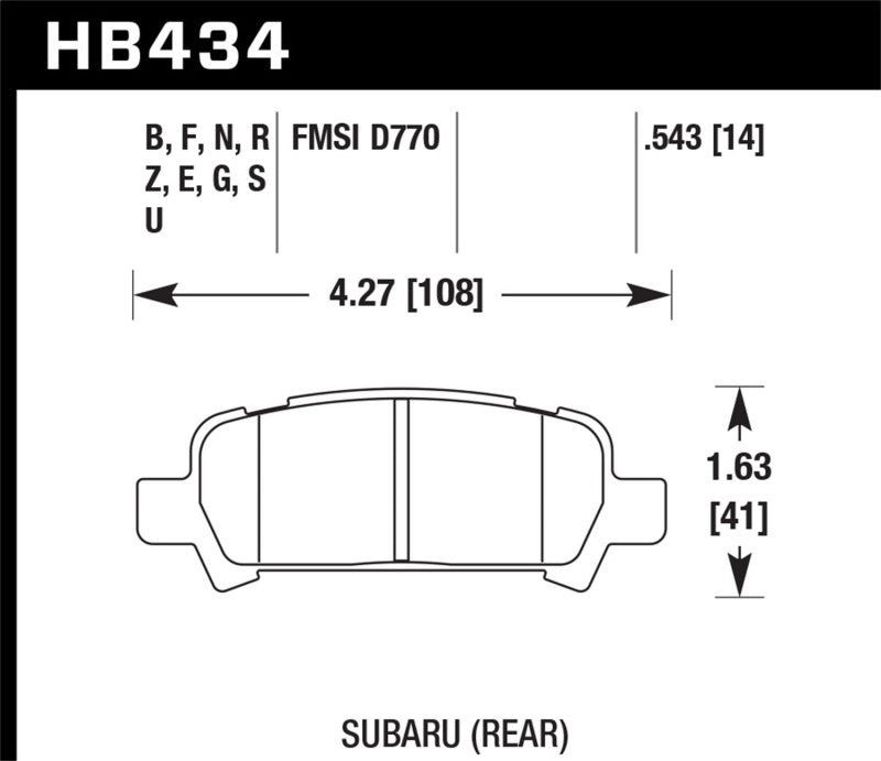 Hawk HP+ Rear Brake Pads - 02-03 WRX / 05-08 LGT D770 (HB434N.543) (pad drawing)