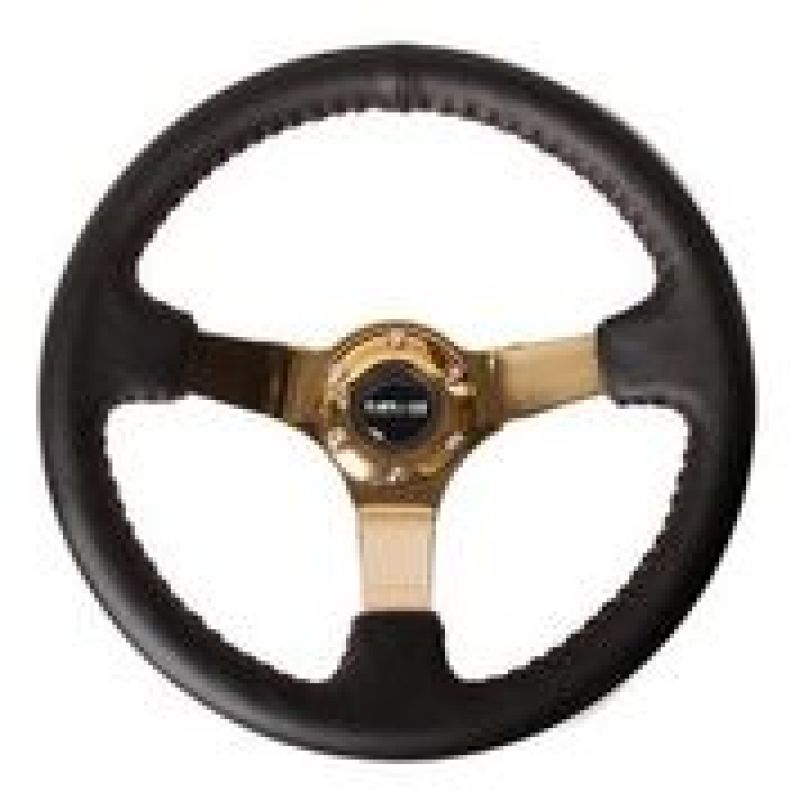 NRG Reinforced Steering Wheel (3in Deep / 4mm) 350mm Black Leather w/ Red BBall Stitch & Gold Spoke (RST-036CG) - photo 2