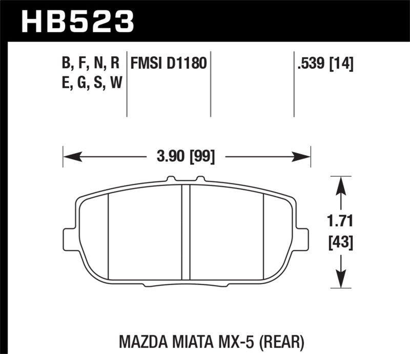 Hawk HT-10 Rear Brake Pads - 06-10 Mazda Miata MX-5 (HB523S.539) (pad drawing)