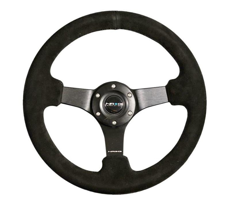 NRG Reinforced Steering Wheel (330mm / 3in Deep) Black Suede w/ Criss Cross Stitch w/ Black 3-Spoke Center (RST-033BK-S)