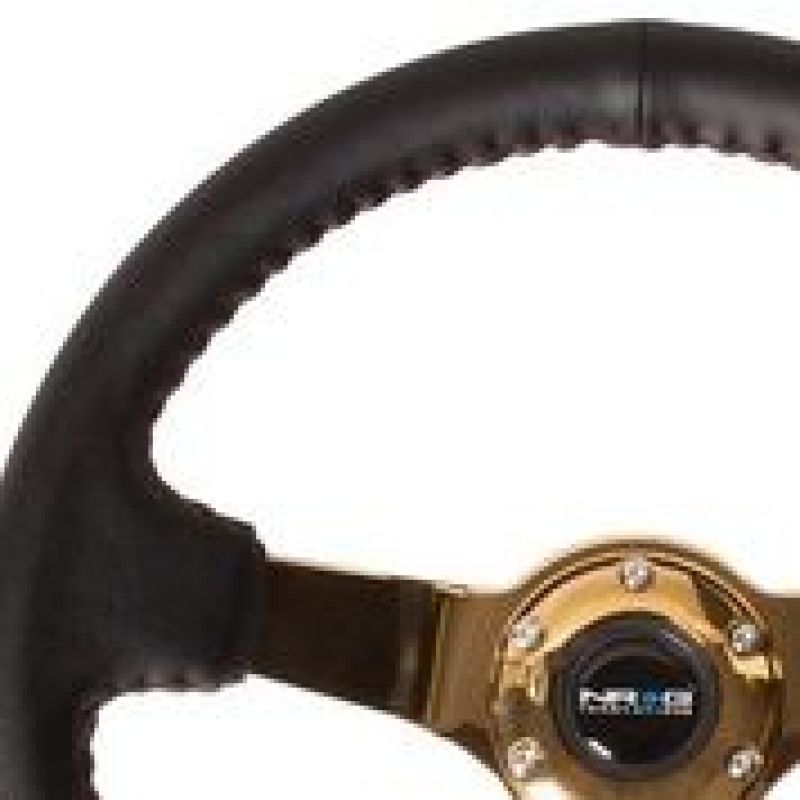 NRG Reinforced Steering Wheel (3in Deep / 4mm) 350mm Black Leather w/ Red BBall Stitch & Gold Spoke (RST-036CG)