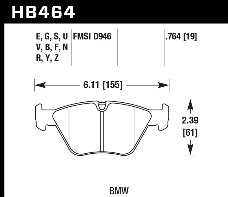 Hawk HPS Front Brake Pads - 2001-2006 BMW 330Ci (HB464F.764) (pad drawing)