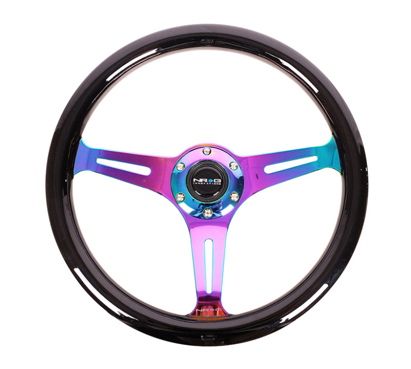 NRG Classic Wood Grain Steering Wheel (350mm) Black Paint Grip w/ Neochrome 3-Spoke Center (ST-015MC-BK)