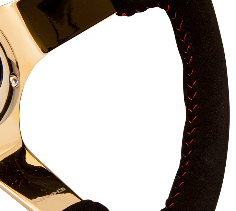 NRG Reinforced Steering Wheel (350mm / 3in. Deep) Black Suede w/ Red BBall Stitch & Chrome Gold 3-Spoke (RST-036GD-S) - photo 3