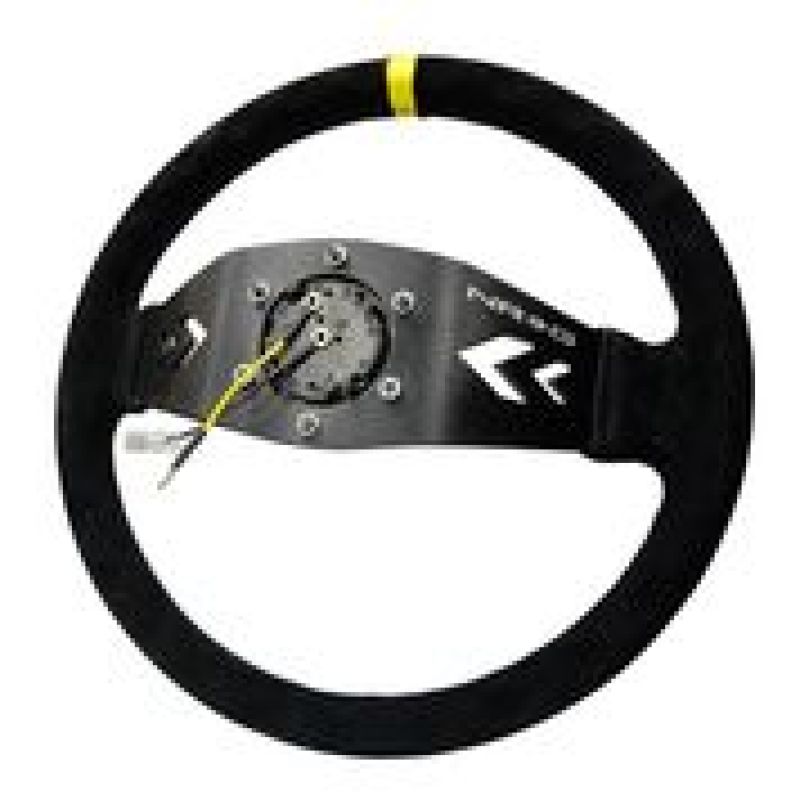 NRG Reinforced Steering Wheel (350mm / 3in. Deep) Black Suede w/ NRG Arrow Cut 2-Spoke & Yellow Mark (RST-022S-Y)