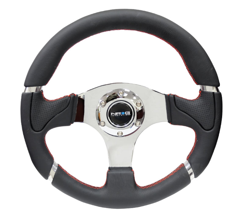 NRG Reinforced Steering Wheel (320mm) Black Leather/Red Stitching w/ Chrome 3-Spoke Center (RST-008R)