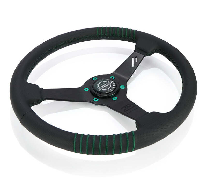 NRG Steering Wheel 1.5in Dish 350mm Black Perforated Leather - Emerald Stitching - Reinforced Spoke (RST-037MB-B-20) - photo 3
