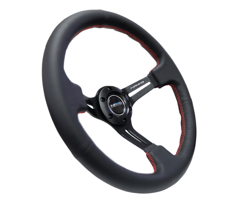 NRG Reinforced Steering Wheel (350mm / 3in. Deep) Black Leather/Red Stitch & Black 3-Spoke w/ Slits (RST-018R-RS) - photo 2