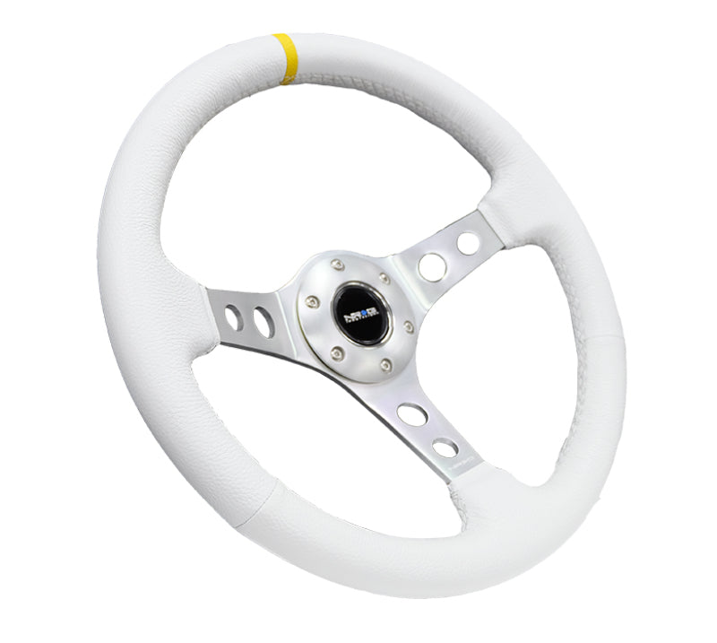 NRG Reinforced Steering Wheel (350mm / 3in. Deep) White Leather w/ Silver Spoke & Single Yellow Mark (RST-006WT-Y) - photo 3